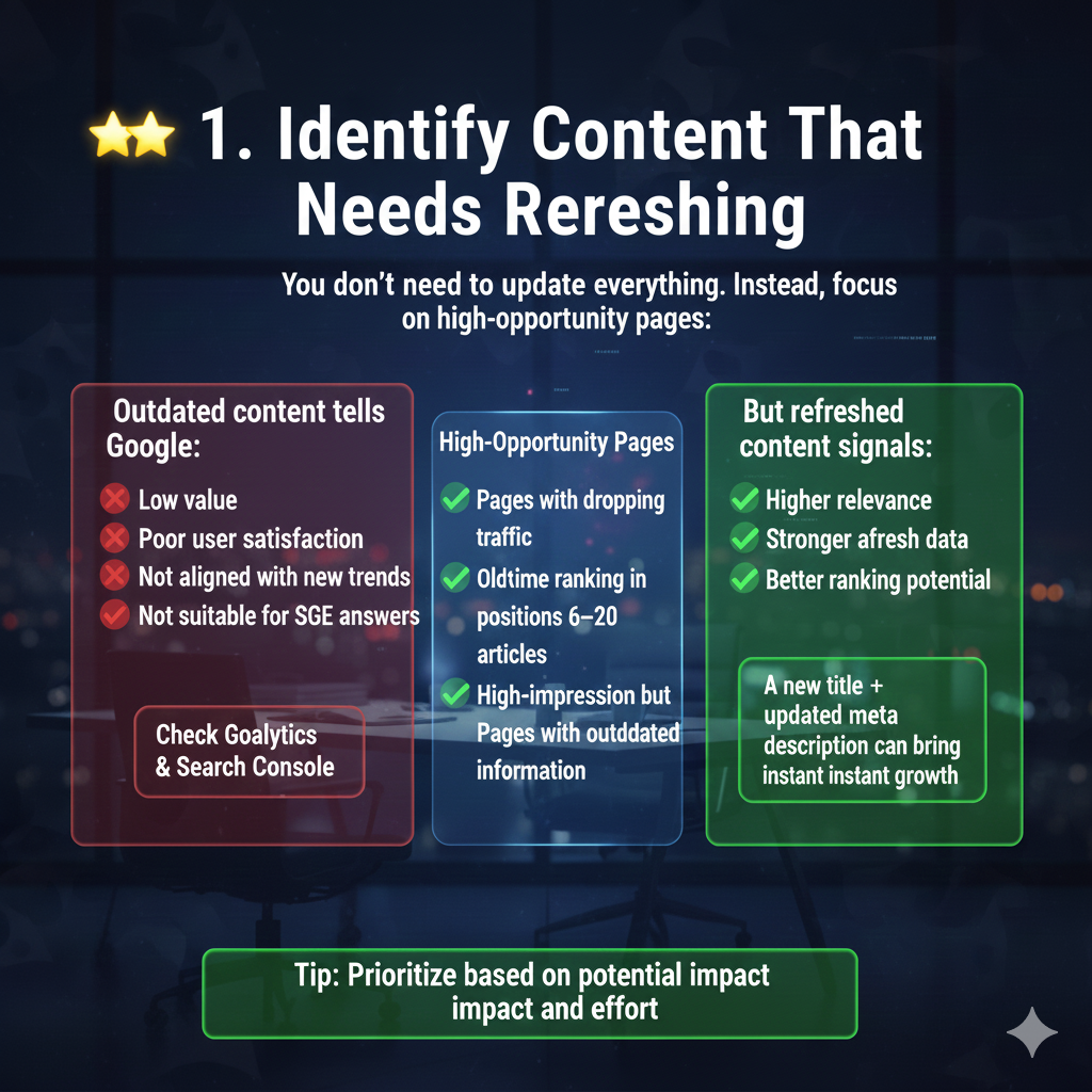 ⭐ 3. Improve On-Page SEO & User Experience
Refreshing is NOT just rewriting.
It includes improving:
🔹 Titles & Headlines
Make them more clickable and relevant.
🔹 Internal links
Add links to new blogs + remove broken ones.
🔹 Readability
Short paragraphs, bullet points, clean formatting.
🔹 Visuals
Add 2026-updated infographics, charts, or images.
🔹 Schema Markup
Use FAQ, How-To, Article, and Product schema to boost visibility.