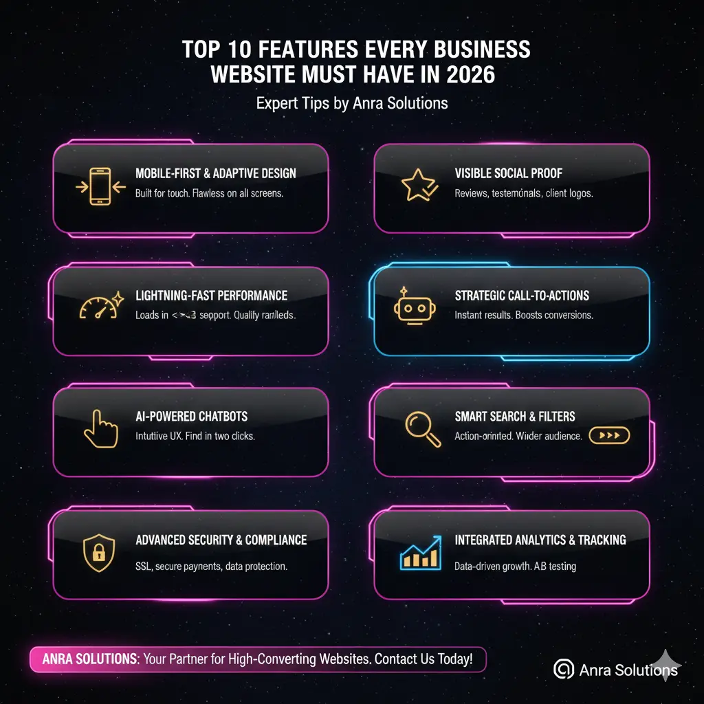 Top 10 Features Every Business Website Must Have in 2026 – Expert Tips by Anra Solutions